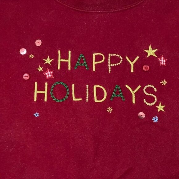 HAPPY HOLIDAYS Red l/s SWEATSHIRT * GOLD LUREX Green Embroidery STARS * 45" bust - Picture 3 of 5